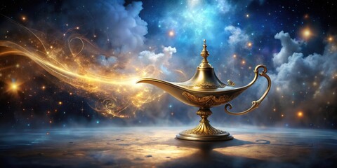 A glowing golden lamp sits atop a pedestal surrounded by swirling mystical smoke and glittering stars in the night sky above, radiating an otherworldly aura , stars, pedestal