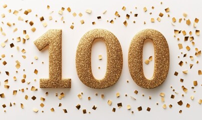 Glittering Gold 100 Celebration Numbers with Confetti Background