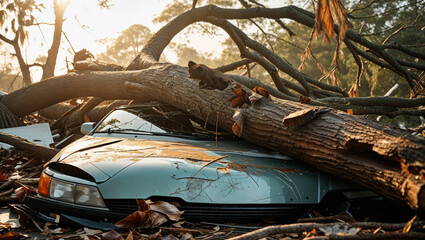 A fallen tree crushes a car in a forest, likely caused by a powerful storm or a natural disaster.