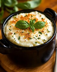 Creamy Mashed Potatoes in Black Bowl with Herbs and Crispy Topping on Wooden Surface