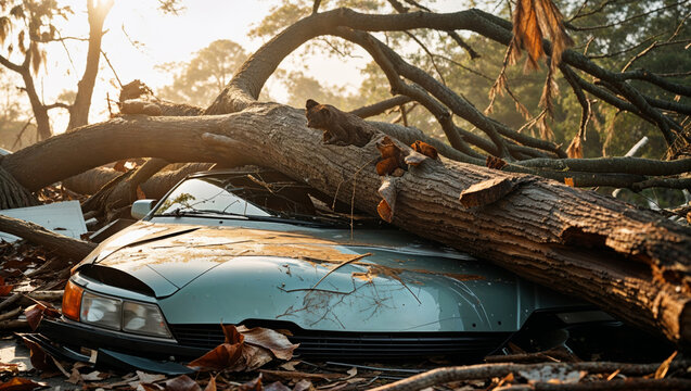 A fallen tree crushes a car in a forest, likely caused by a powerful storm or a natural disaster.
