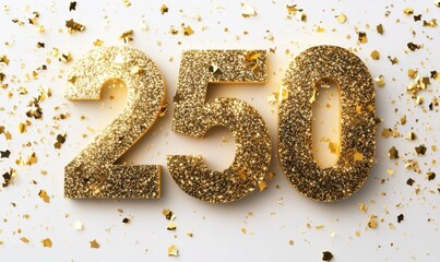Golden Glitter Number 250 on White Background with Party Confetti