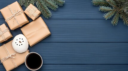 Wrapped gifts, coffee mug, snowman ornament and pine branches on a blue wood background with copy space