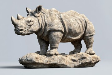 Fototapeta premium Detailed stone sculpture of a rhinoceros on a rocky outcrop.