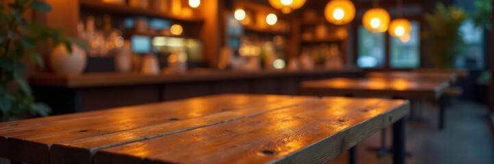 Rustic wood table, blurred restaurant lights glow , cozy, abstract