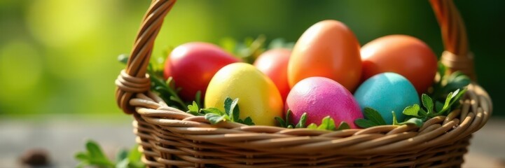 Rainbow eggs in a woven basket, natural light, glossy, floral, shiny