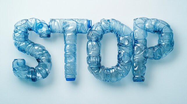 Stop Plastic Waste Translucent Blue Bottles Forming Word on White - Powered by Adobe