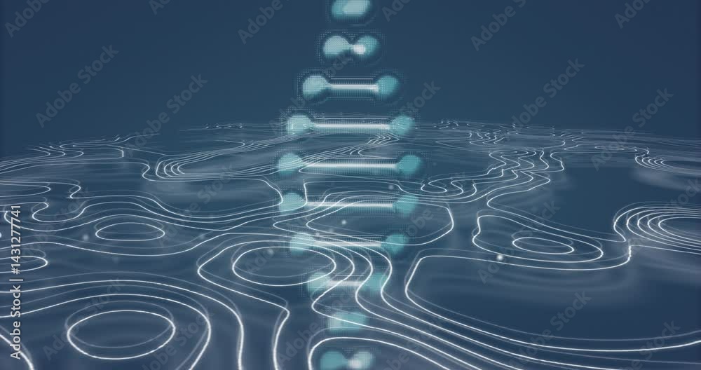 Poster vertical glowing cyan nodes being animated over contour grid in 3d render, with dotted data streams