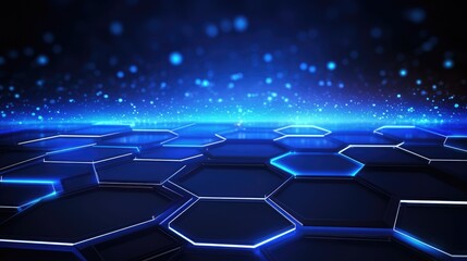 Fototapeta premium Abstract futuristic background with hexagons and glowing connections in blue color, concept of technology science or medical research vector illustration. 