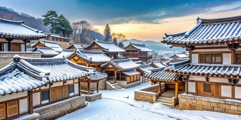 Traditional Korean Hanok Village in snow, korean architecture