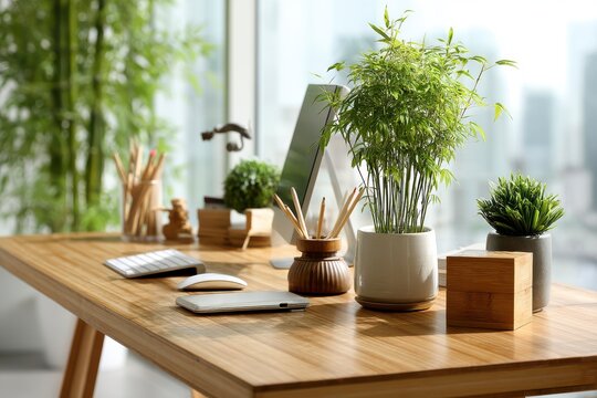 Modern Workspace with Plants and Minimalist Decor in Bright Environment