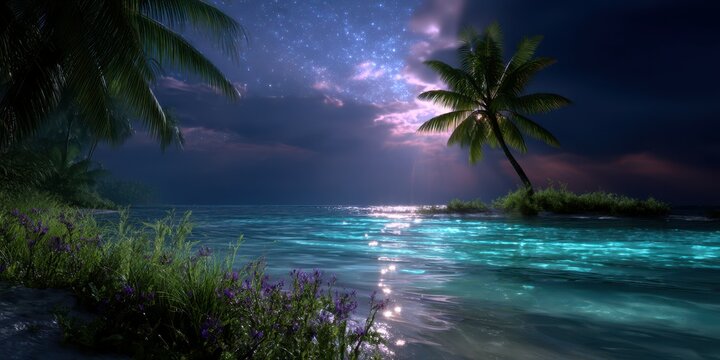 Nighttime coastal view with glowing water and palm trees under a starry sky
