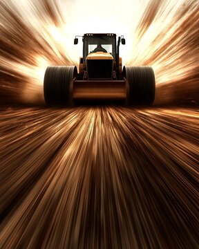 Powerful Tractor Driving Fast Through Dusty Terrain with Dynamic Motion Effects