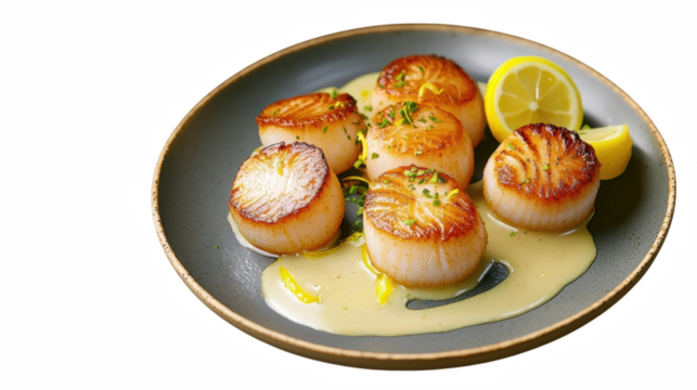 Perfectly seared scallops served on plate with lemon slices and creamy sauce, creating delightful culinary experience