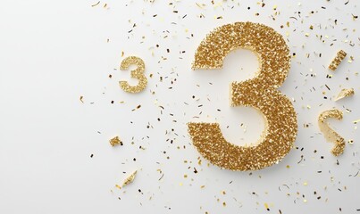 Golden Glittery Number Three with Confetti on Light Background