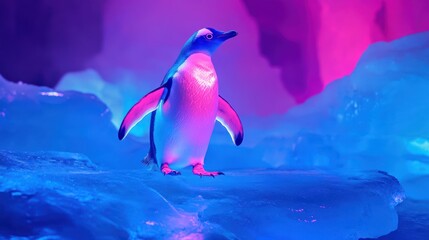 Naklejka premium Neon Penguin: Vibrant Icecape Portrait