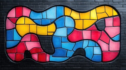 Fototapeta premium Abstract colorful mosaic tile artwork on a dark brick wall.