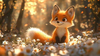 Naklejka premium Adorable cartoon fox sitting amidst white flowers in a sunlit forest.
