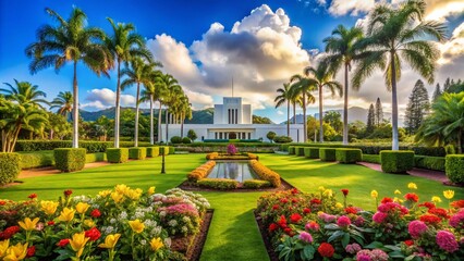Obraz premium Serene Hawaiian Temple Gardens: Lush Landscape Photography