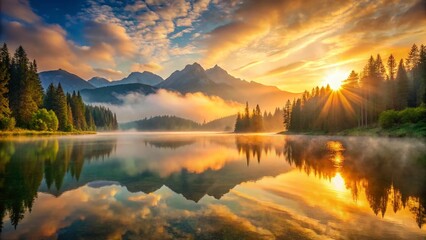 Fototapeta premium Serene Mountain Lake Dawn Panoramic - Peaceful Sunrise Landscape Photography