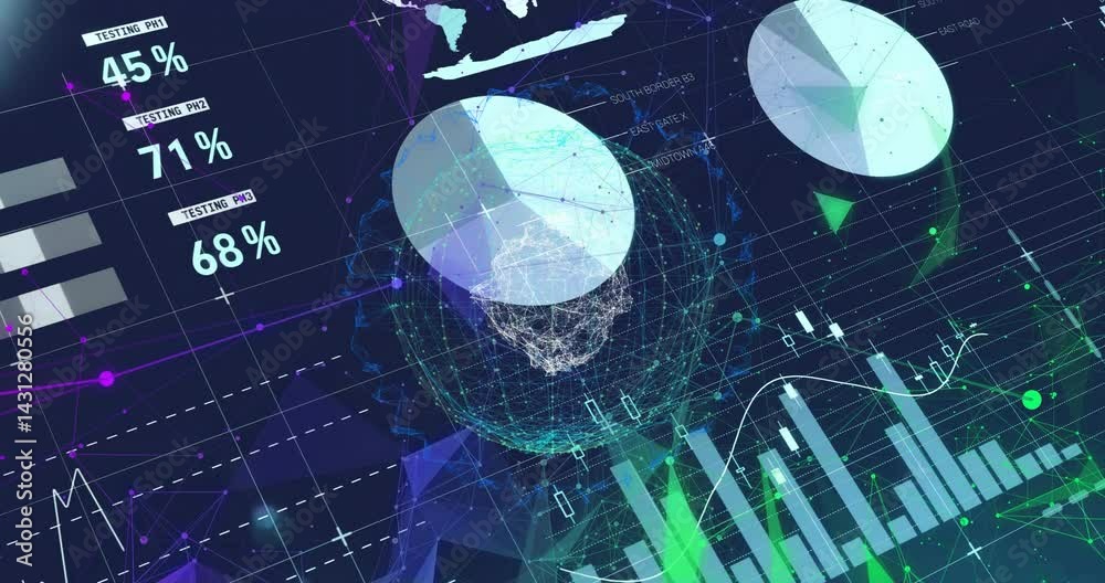Poster 3d wireframe globe being visualized in data dashboard, with pie charts and data visuals