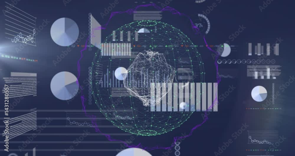 Poster translucent wireframe 3d sphere being visualized on data dashboard, showing charts and nodes