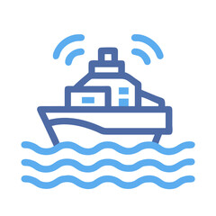 Blue Line Icon: Ship on Water with Signal Waves, Isolated on Black