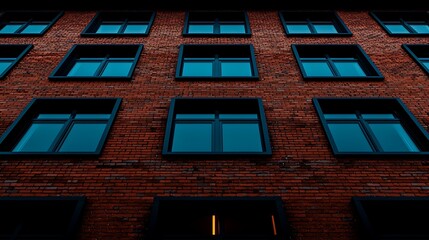 Obraz premium Urban Architectural Design Featuring Modern Windows on a Brick Building Facade in Evening Light