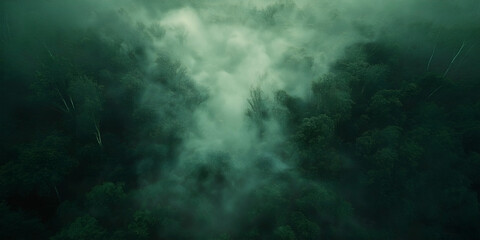 Fototapeta premium A dense tropical forest seen from above during a heavy downpour, fog weaving through the canopy 
