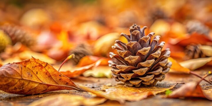 Small, dry cypress pine cone with several fallen seeds scattered around it, some of which are still attached to the seed scales , fallen seeds, autumn leaves