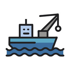 Blue Fishing Boat Icon with Crane on Waves, Isolated Vector Illustration