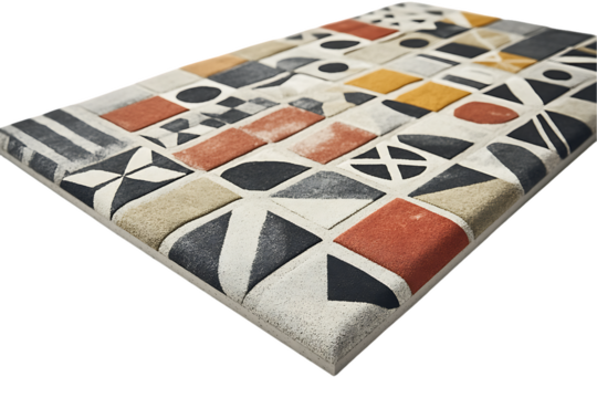 Textured Geometric Rug: Abstract Shapes in Earth Tones, Graphic Design.