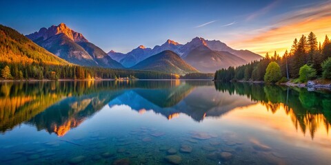Obraz premium Serene Sunrise Mountain Lake Reflection: Tranquil Brown & Blue Hues