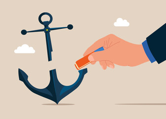 Businessman removed anchor with eraser. Crisis management and Problem solving. Modern vector illustration in flat style.  © Vadym