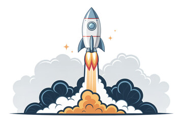 Fototapeta premium A 3d rocket launching with flames and smoke with stars around on a transparent background