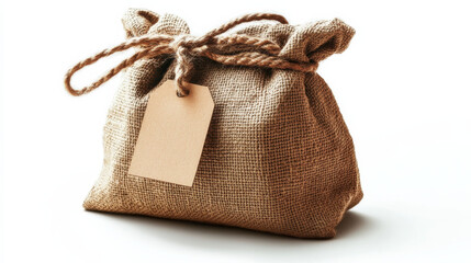 Sackcloth bag with a tag attached, displayed on white background with clipping path