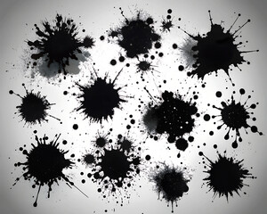A collection of black ink splatters on a white background. The splatters are of various sizes and shapes, creating a chaotic and messy appearance. Concept of disorder and disarray