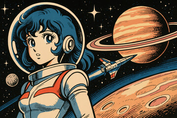Manga-style illustrations of young astronauts exploring outer space, planets, and galaxies in colorful, retro-futuristic scenes full of adventure, action, and imagination