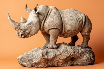 Fototapeta premium Detailed carved rhinoceros sculpture on a rock formation.