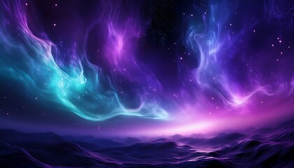 Fototapeta premium a shimmering aurora of cosmic energy swirls through dark space creating ethereal wisps of iridescent light and mysterious nebulous formations rendered in vibrant purples and teals