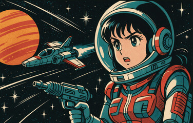 Manga-style illustrations of young astronauts exploring outer space, planets, and galaxies in colorful, retro-futuristic scenes full of adventure, action, and imagination