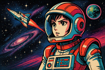 Manga-style illustrations of young astronauts exploring outer space, planets, and galaxies in colorful, retro-futuristic scenes full of adventure, action, and imagination
