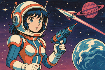 Manga-style illustrations of young astronauts exploring outer space, planets, and galaxies in colorful, retro-futuristic scenes full of adventure, action, and imagination