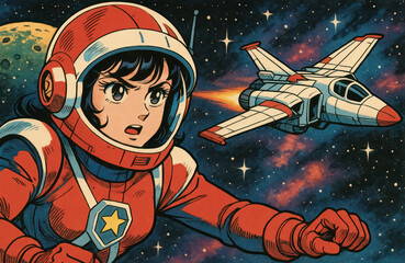 Manga-style illustrations of young astronauts exploring outer space, planets, and galaxies in colorful, retro-futuristic scenes full of adventure, action, and imagination