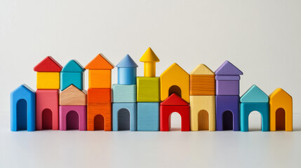 Fototapeta premium Small toy houses constructed from colorful blocks arranged neatly against a plain white background