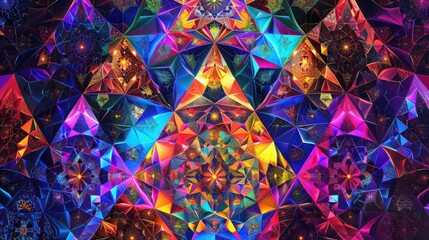 Kaleidoscopic arrangement of triangles with vibrant colors and intricate geometric patterns throughout the image