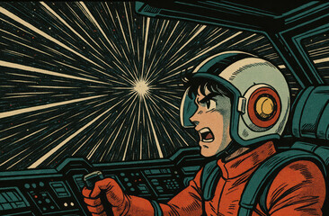 Manga-style illustrations of young astronauts exploring outer space, planets, and galaxies in colorful, retro-futuristic scenes full of adventure, action, and imagination