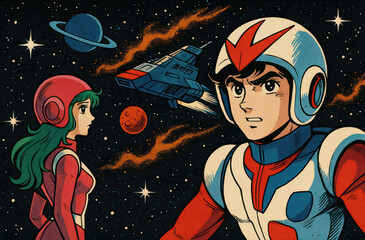 Manga-style illustrations of young astronauts exploring outer space, planets, and galaxies in colorful, retro-futuristic scenes full of adventure, action, and imagination