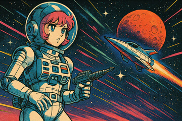 Manga-style illustrations of young astronauts exploring outer space, planets, and galaxies in colorful, retro-futuristic scenes full of adventure, action, and imagination