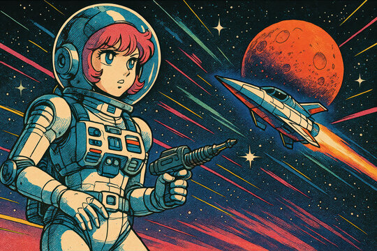 Manga-style illustrations of young astronauts exploring outer space, planets, and galaxies in colorful, retro-futuristic scenes full of adventure, action, and imagination